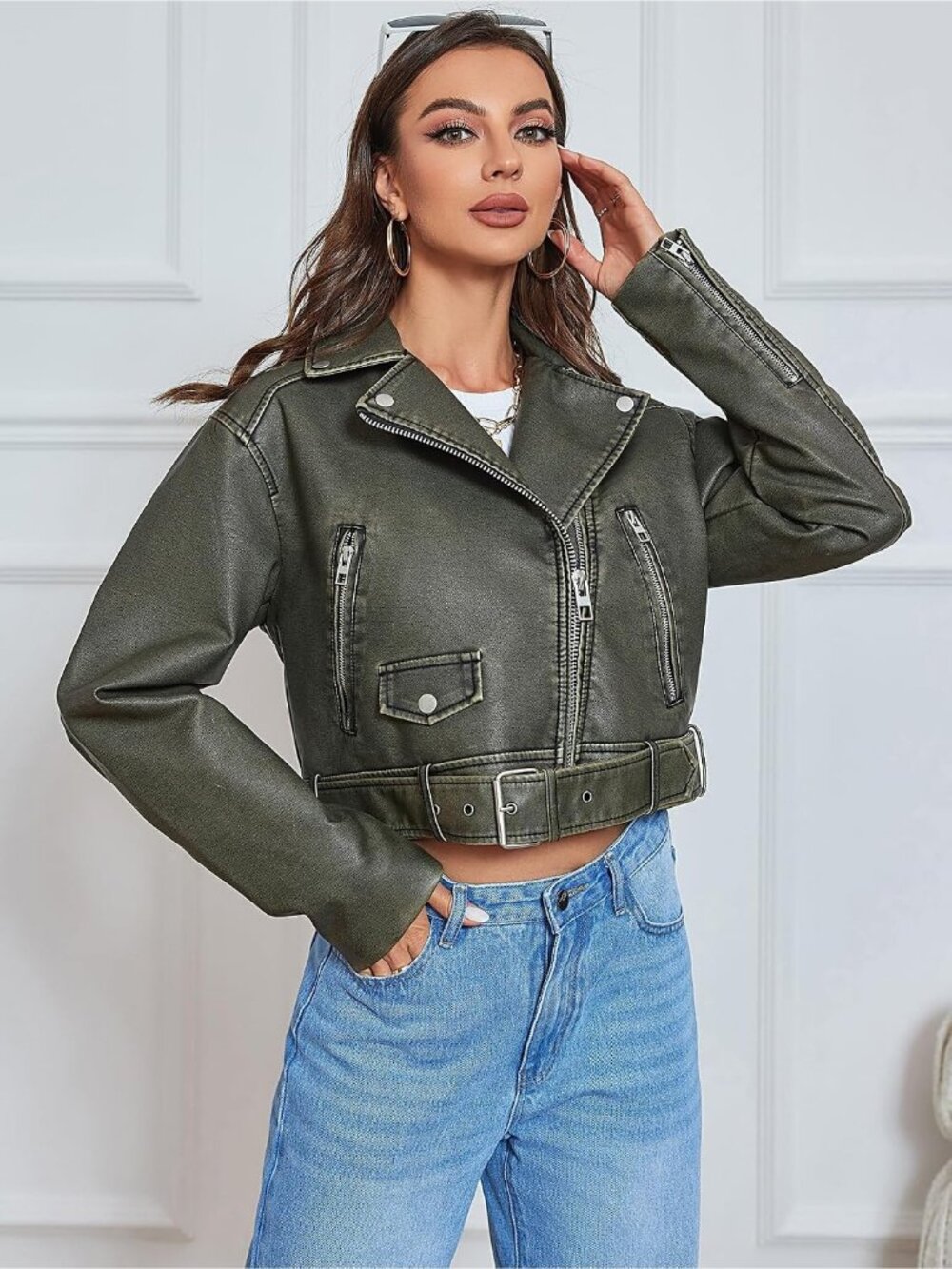 Women's Dark Green Leather Asymmetric Belted Zipper Biker Cropped Bomber Jacket - Picture 5 of 6